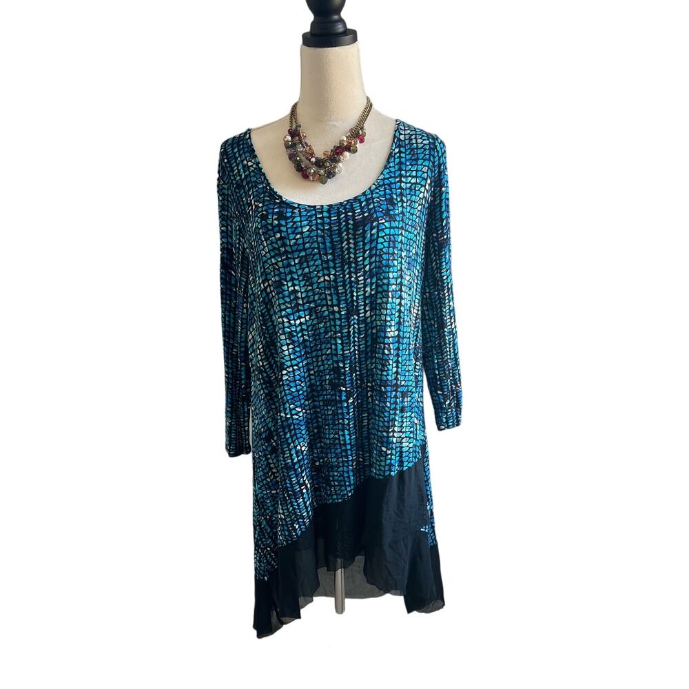 Cable & Gauge Tunic Asymmetrical Lace Hem Long‎ Sleeve Turquoise Black Dress XL